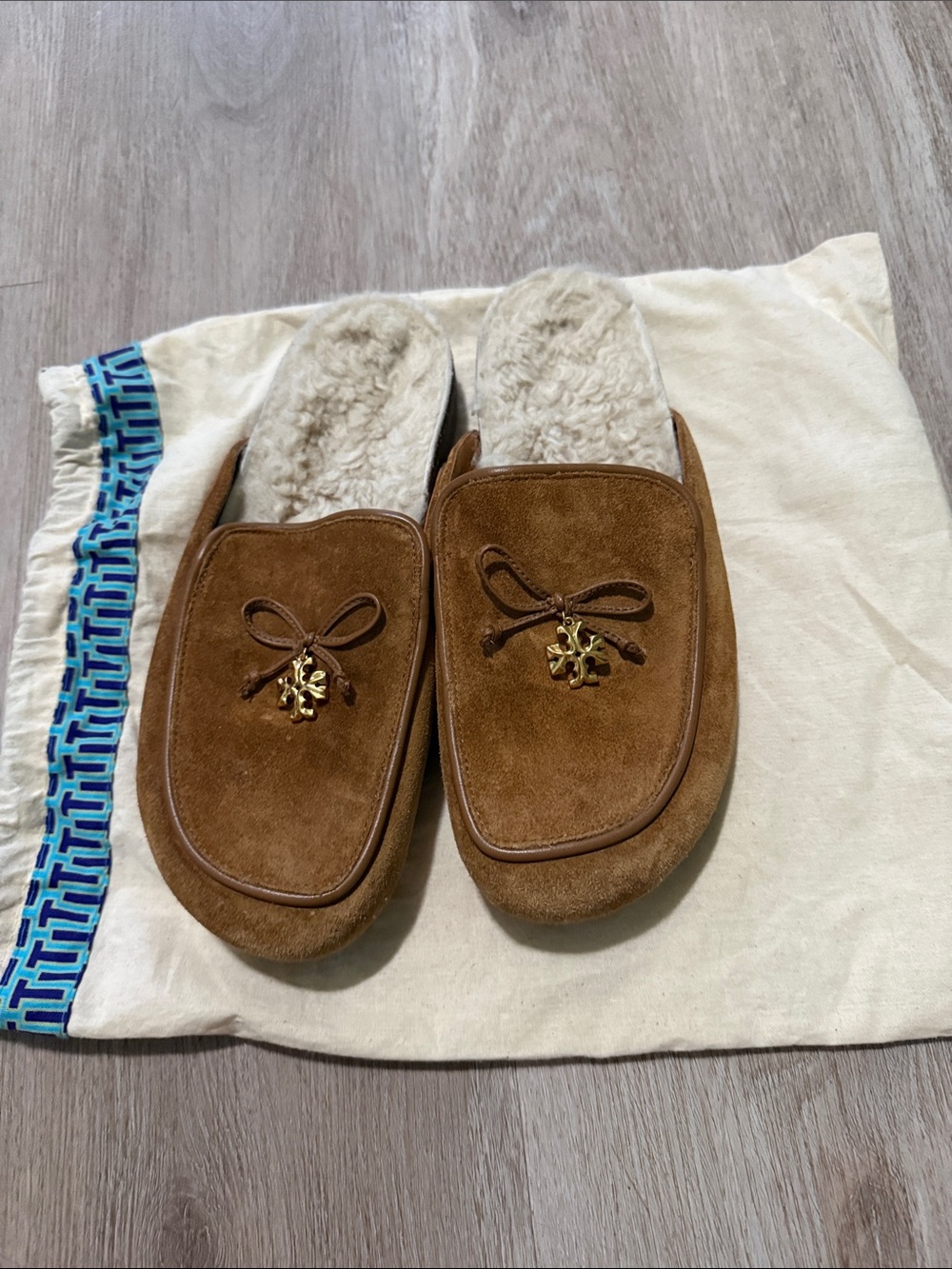 Tory Burch Chestnut Brown Suede Shearling-Lined Mules